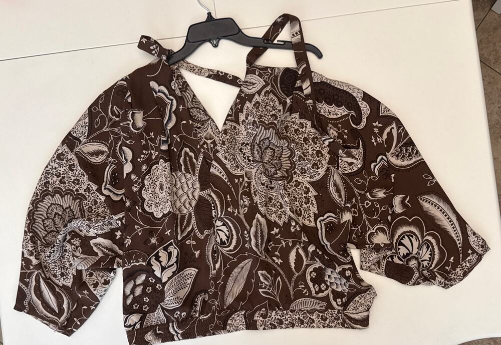MICHAEL KORS COLLECTION Silk Blouse Top S Brown Paisley Halter Made In Italy